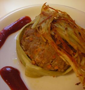 カリカリポテト添え茄子巻きハンバーグ